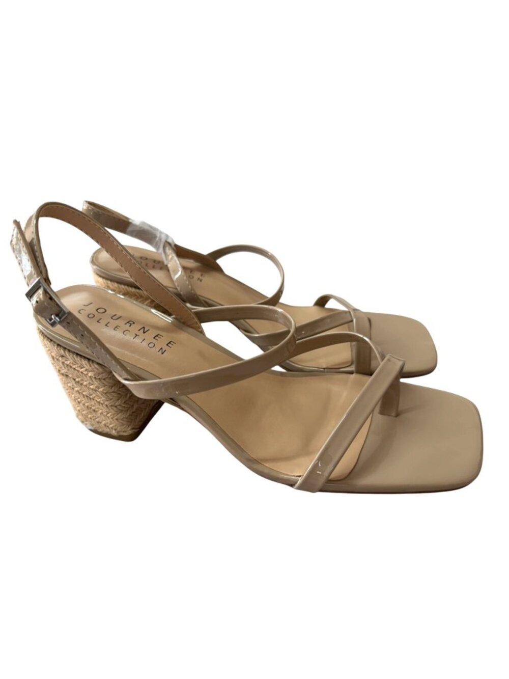 Journee Collection Olivina Taupe Faux Patent Leather Block Heel Sandals‎ Size 9